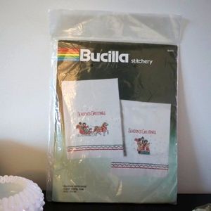 1980s Vintage Bucilla "Season's Greetings" Christmas Guest Towel Stitchery Kit 